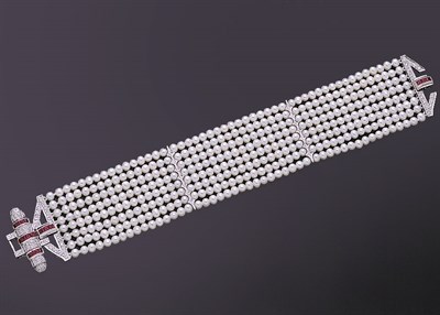 Lot 391 - Cultured Pearl, Diamond and Ruby Bracelet