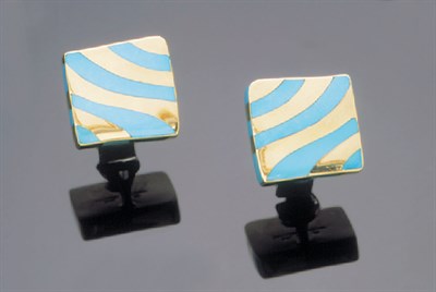 Lot 174 - Pair of Angela Cummings 18 kt. Yellow Gold and Turquoise Wavy Stripe Earrings