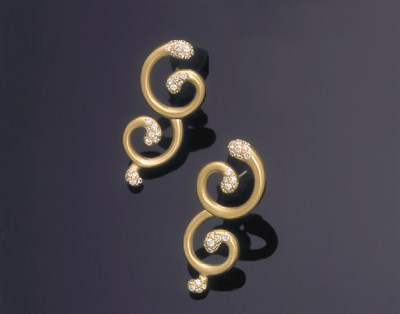 Lot 205 - Pair of Angela Cummings 18 kt. Yellow Gold and Diamond Large Arabesque Earrings