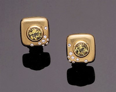 Lot 199 - Pair of Angela Cummings 18 kt. Yellow Gold, Beryl and Diamond Cushion Earrings