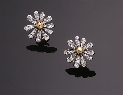 Lot 188 - Pair of Angela Cummings 18 kt. Yellow Gold, Platinum and Diamond Daisy Earrings