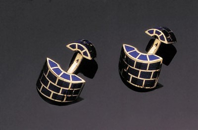 Lot 210 - Pair of Angela Cummings 18 kt. Yellow Gold and Lapis Lazuli Brick Cufflinks