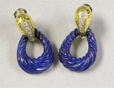 Lot 287 - Pair of Lapis Lazuli and Diamond Door Knocker Earrings