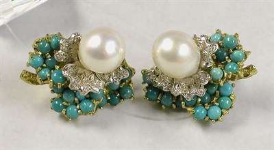Lot 531 - Pair of Turquoise, Diamond and Cultured Pearl Earclips