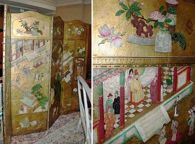 Lot 300 - Continental Painted Leather Four-Panel Screen...