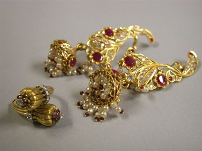 Lot 144 - Diamond and Ruby Flower Ring and Pair of Red and White Stone Earrings