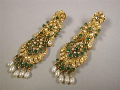 Lot 301 - Pair of Emerald and Imitation Pearl Earrings