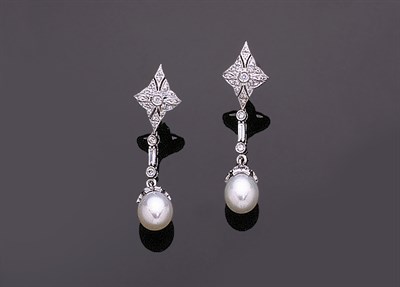 Lot 384 - Pair of Diamond and Cultured Pearl Earrings