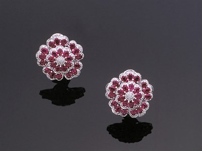 Lot 381 - Pair of  Ruby and Diamond Flower Earclips