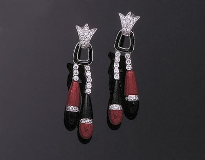 Lot 390 - Pair of Art Deco Style Black Onyx and Coral Pendant Earrings