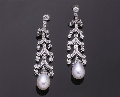 Lot 389 - Pair of Diamond and Cultured Pearl Pendant Earrings