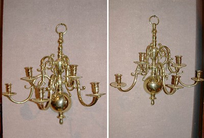 Lot 376 - Pair of Baroque Style Brass Five-Light Sconces