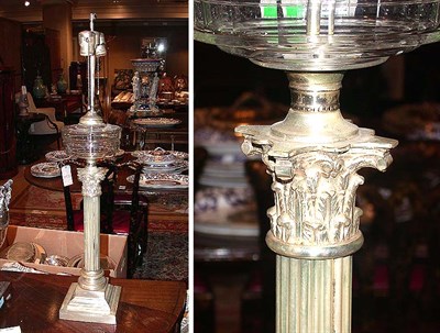 Lot 553 - Two Georgian Style Silver Plated and Glass Lamps