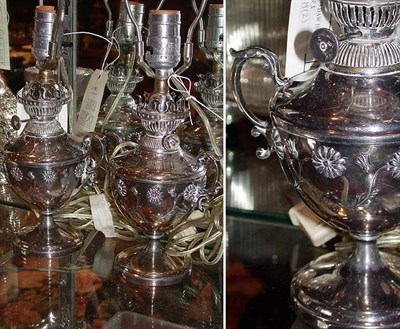 Lot 363A - Pair of Silver Plated Oil Lamps Electrified.