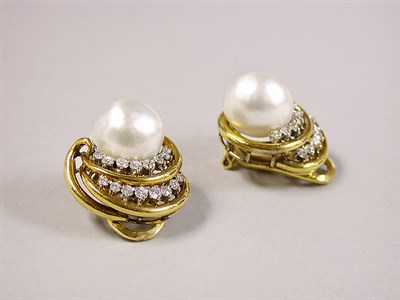 Lot 444 - Pair of Cultured Pearl and Diamond Earclips