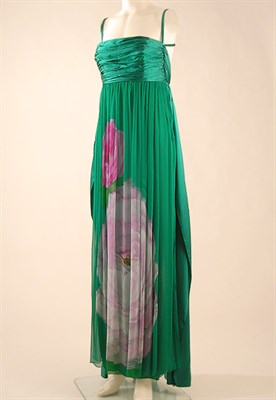 Lot 653 - Emerald Green Satin and Printed Chiffon...