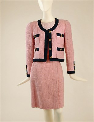 Lot 631 - Chanel Pink and Navy Wool Boucle Suit French,...