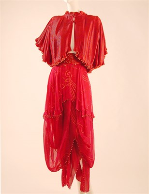 Lot 633 - Zandra Rhodes Red Printed Chiffon and Satin...