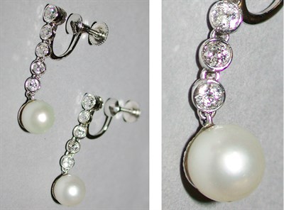 Lot 157 - Pair of Diamond and Cultured Pearl Pendant Earrings