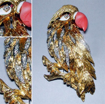 Lot 327 - Gold, Diamond and Coral Parrot Pin