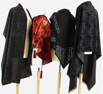 Lot 678 - Four Evening Wraps One of black wool trimmed...