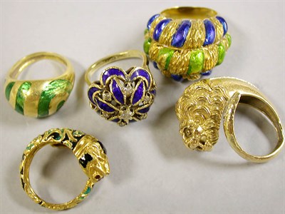 Lot 334 - Group of Five Assorted Enamel Rings