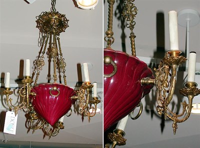 Lot 384 - Patinated-Metal and Ceramic Six-Light Chandelier