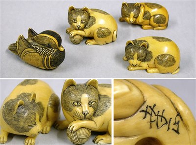 Lot 400 - Group of Four Cat and Duck-Form Netsukes