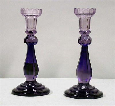 Lot 487 - Pair of Amethyst Cut Glass Candlesticks Height...