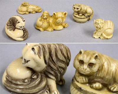 Lot 402 - Group of Five Tiger and Cat-Form Netsukes