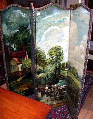 Lot 557 - Painted Canvas Four-Panel Screen