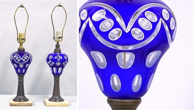 Lot 406 - Pair of American Cobalt Cut to Clear Glass Oil...