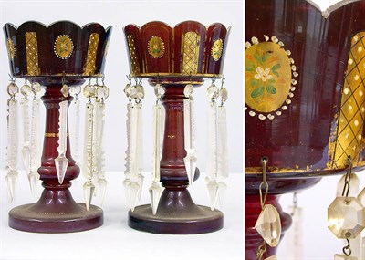 Lot 586 - Pair of Ruby Glass Mantel Lustres Hung with...