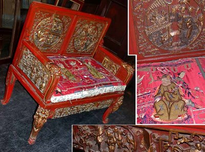 Lot 831 - Chinese Gilt and Red Painted Bench With a silk...