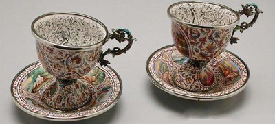 Lot 365 - Two Viennese Enamel Demitasse Cups and Saucers...