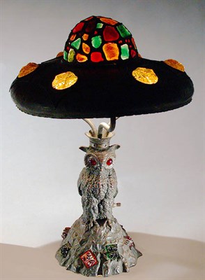 Lot 842 - Austrian Bronze and Glass Lamp The stepped...
