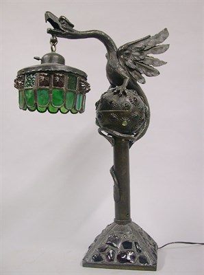 Lot 846 - Austrian Bronze and Slag Glass Lamp Cast as a...