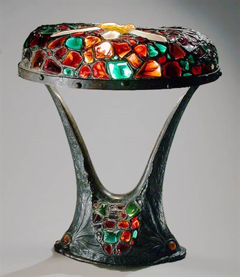Lot 843 - Austrian Bronze and Glass Lamp The ovoid shade...