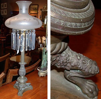 Lot 444 - Two Bronze, Brass and Cut Glass Fluid Lamps...