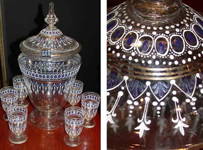 Lot 258 - Continental Enameled Glass Seven-Piece Punch Set