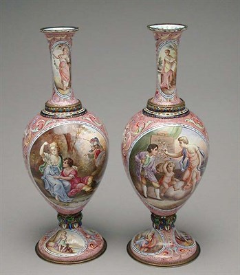 Lot 363 - Pair of Continental Enamel on Copper Vases...