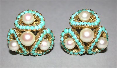 Lot 203 - Pair of Turquoise and Cultured Pearl Earclips