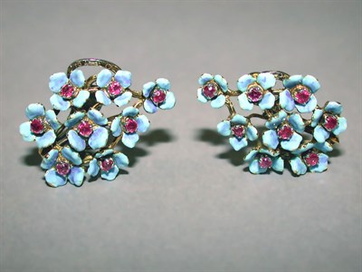 Lot 201 - Pair of Ruby and Enamel Earclips