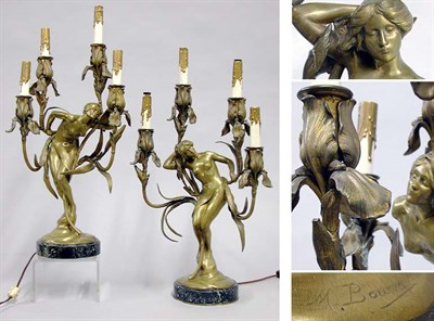 Lot 753 - Pair of Art Nouveau Figural Bronze Four-Light...