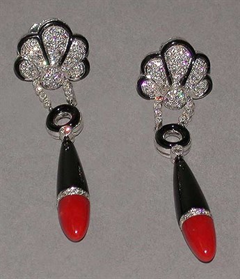 Lot 463 - Pair of Coral, Diamond and Black Enamel Pendant Earrings