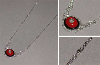 Lot 462 - Diamond, Coral and Black Onyx Pendant Necklace