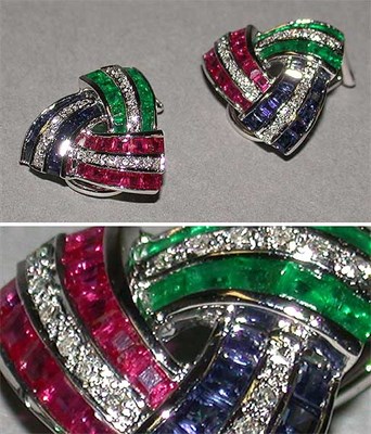 Lot 472 - Pair of Diamond, Emerald, Ruby and Sapphire Earrings