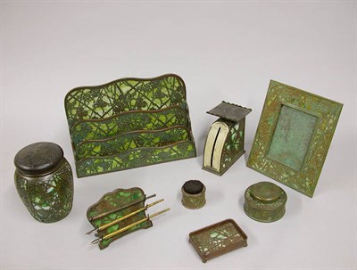 Lot 877 - Tiffany Studios Glass and Bronze Desk Set In...