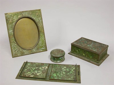 Lot 1216 - Tiffany Studios Glass and Bronze Desk Set In...