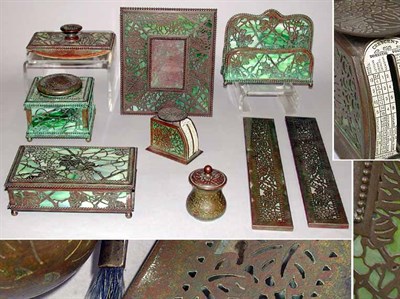 Lot 1297 - Tiffany Studios Glass and Bronze Desk Set In...